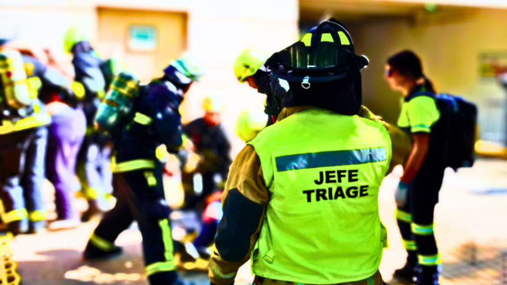 Bombero en una escena de emergencias con chaleco verde reflectante que indica que es el jefe de Triage